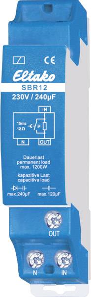 Blå Eltako SBR12 230V/240µF kopplingsmodul med kopplingsschema, CE-märkning och tekniska data för kapacitiv last.
