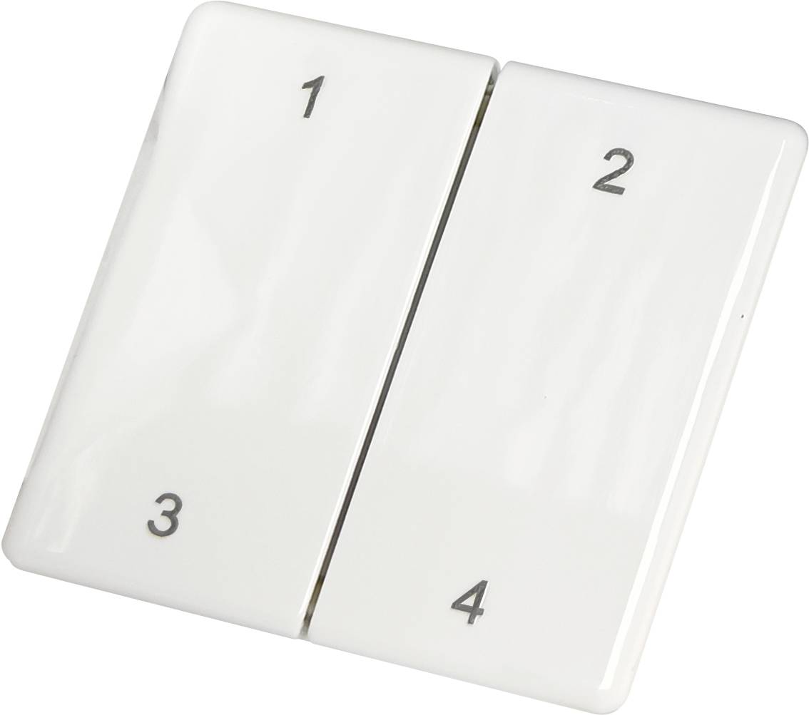 Vit strömbrytarplatta med två strömbrytare, var och en numrerad: vänster övre '1', nedre '3'; höger övre '2', nedre '4'.