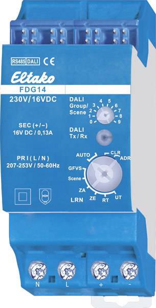 Blå Eltako DALI-konverterare FDG14 för 230V/16VDC, med vridreglage och anslutningar för styrning av belysningssystem.