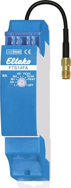 Blått FTS14FA-modul från Eltako med antenn och vridbrytare. RS485-anslutning.