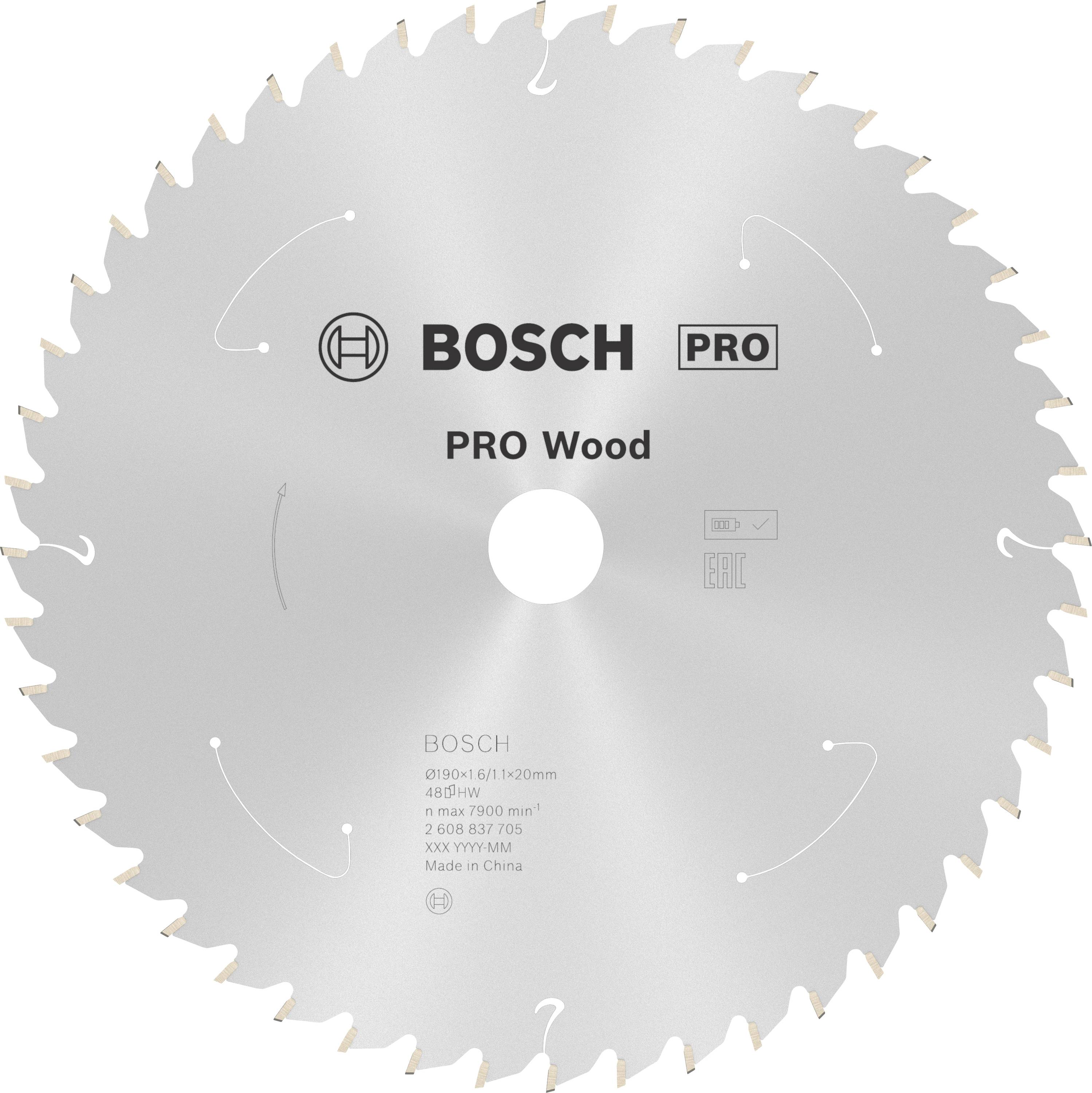 Cirkelsågklinga med texten 'BOSCH PRO Wood' och tekniska specifikationer. Silverfärgade tänder runt kanten.