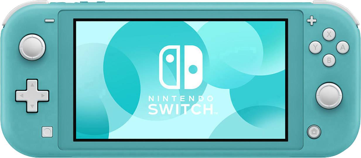 En turkos bärbar spelkonsol, Nintendo Switch Lite, med vita knappar och en central skärm som visar logotypen.