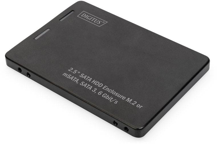 Externt 2,5-tums hårddiskhölje från Digitus för SATA-hårddiskar, stöder mSATA och SATA III med 6 Gbit/s dataöverföring.
