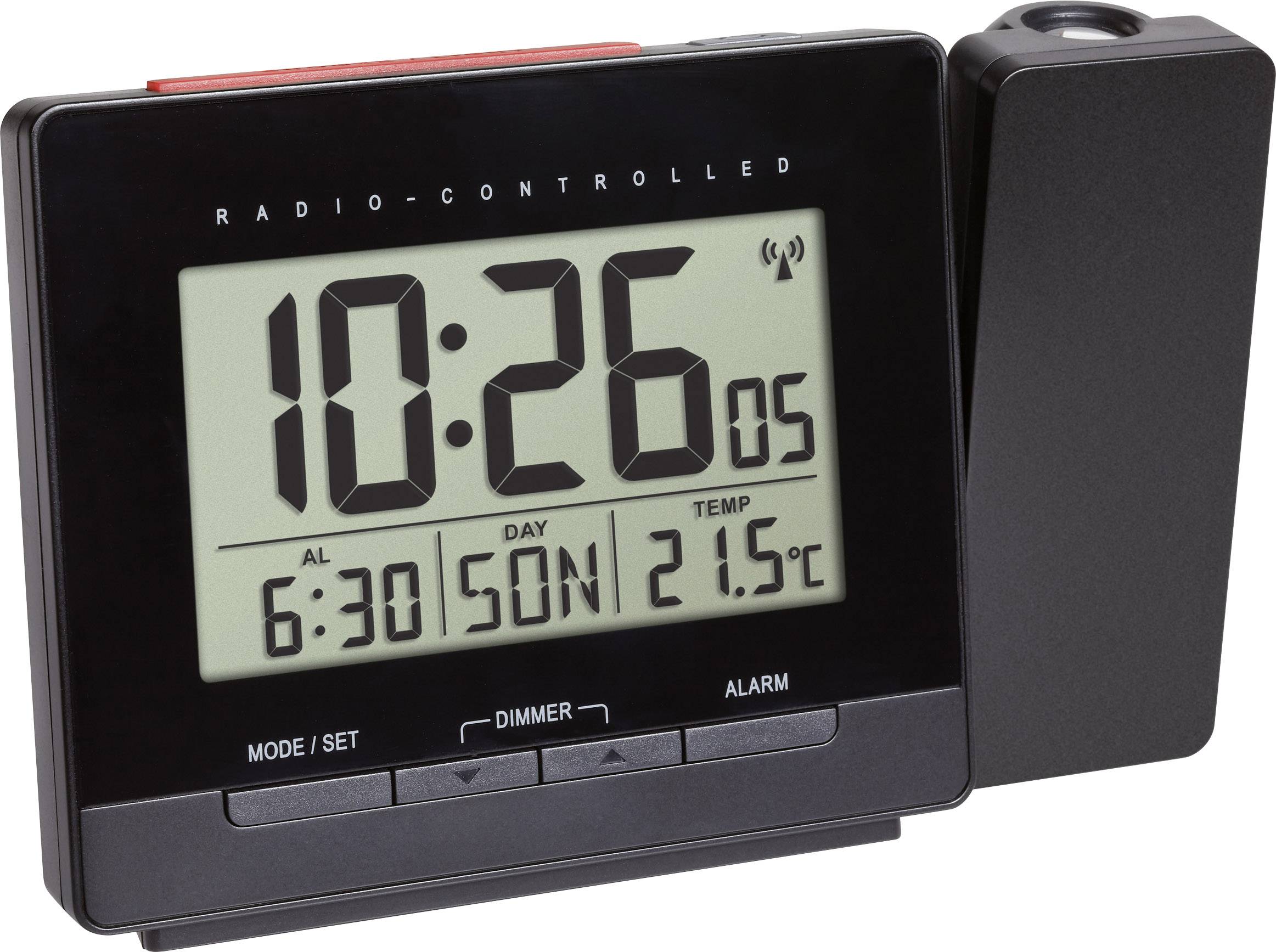 Digital radioklocka med stor LCD-skärm visar tiden 10:26, temperatur 21,5°C, larmtid inställd till 6:30.