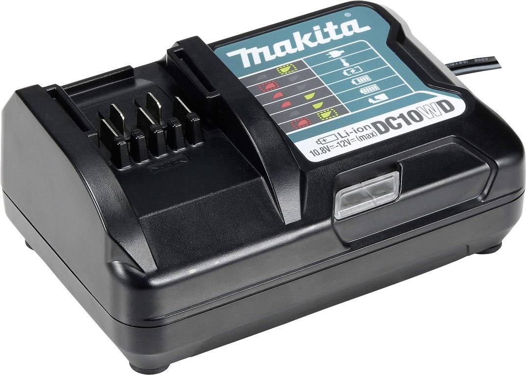 Ett svart Makita-laddare, modell DC10WD, lämplig för 10,8V-12V batterier, med flera LED-indikatorer för laddningsstatus.