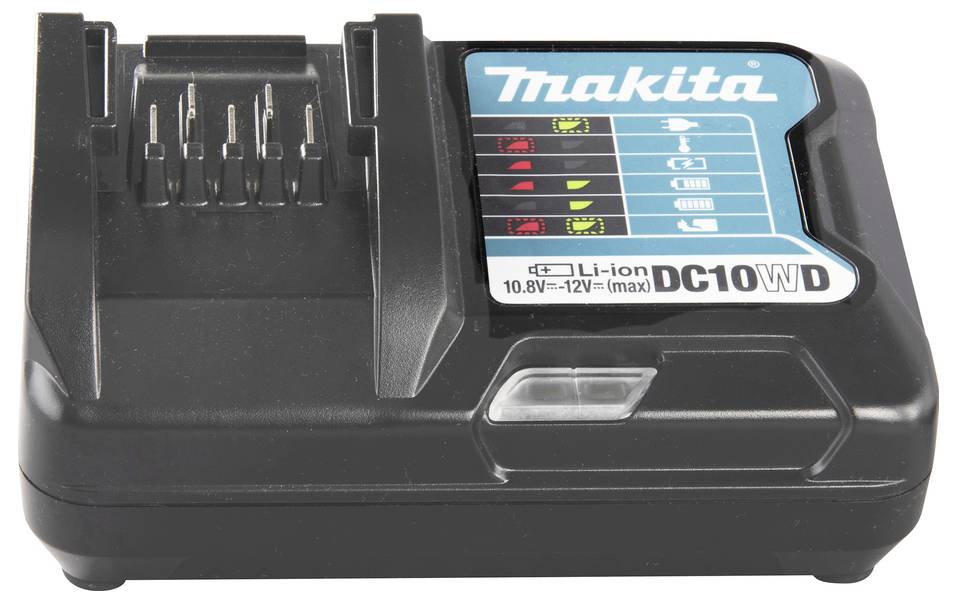 En svart batteriladdare för 10,8V–12V Li-ion-batterier, med en blå etikett och statusindikatorer för laddningsförloppet.