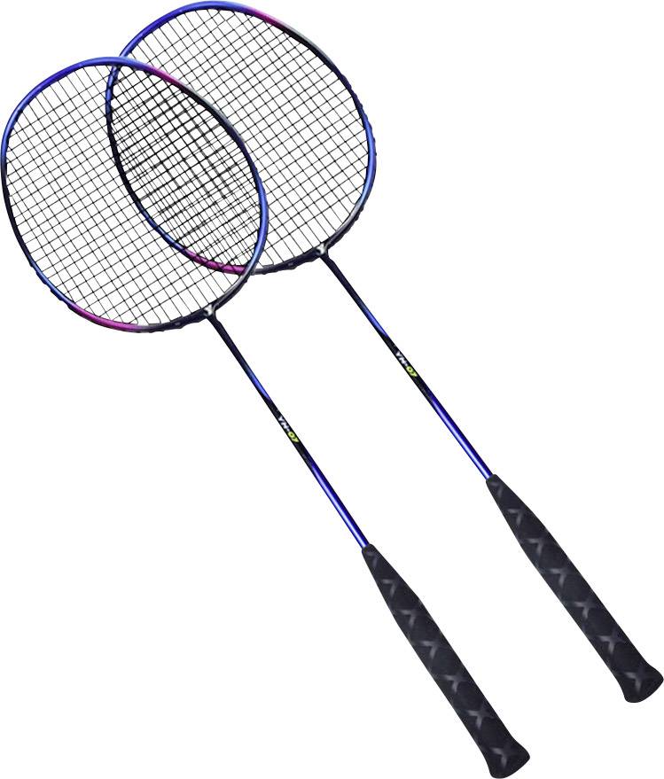 Två badmintonracketar med svarta handtag och blå ramar ligger korsade bredvid varandra.