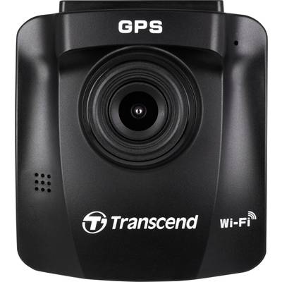 Transcend-dashcam med GPS- och Wi-Fi-funktionalitet, framifrån, svart färg, cylinderformat objektiv i mitten.