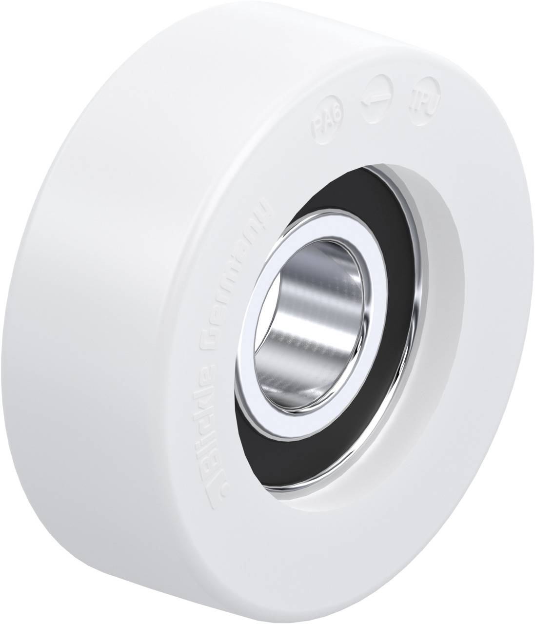 Vitt plasthjul med silverfärgat kullager, lämpligt för möbler eller lätta apparater.