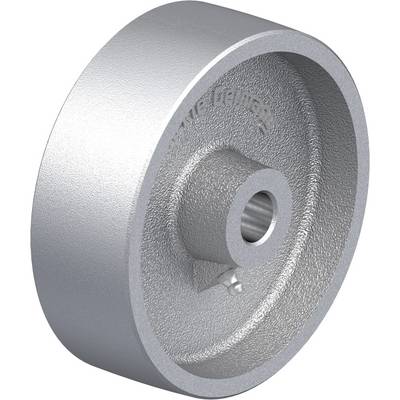 Ett silveraktigt metallhjul med ett centralt hål och upphöjd skrift på ytan.