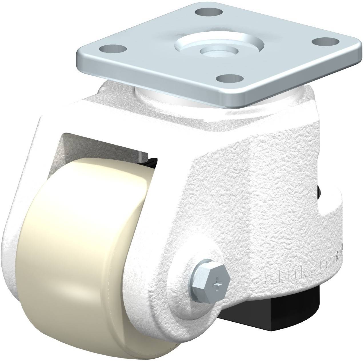 Ett industriellt hjul med vitt hjul i en stabil metallhållare, lämpligt för tunga maskiner eller utrustningar.