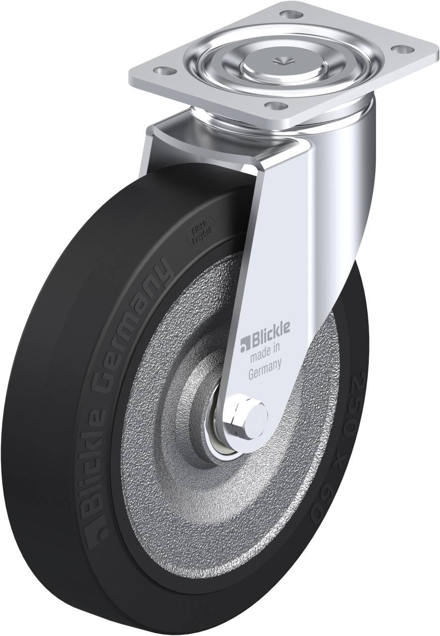 Blickle industriell hjul, svart med silverhölje, märkt 'made in Germany'. Mycket tålig, lämplig för transport.