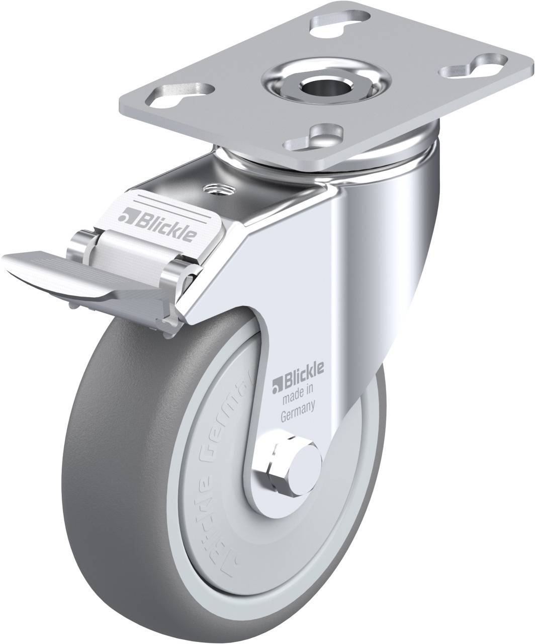 Länkhjul med grått hjul och metallhölje, varumärket 'Blickle' synligt.