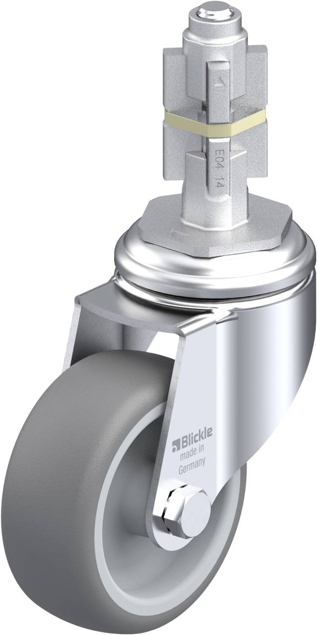 En grå styrhjul med metallhölje och svängbart fäste. Präglad med 'Blickle', 'Germany', 'EIJK 48' på fästet.