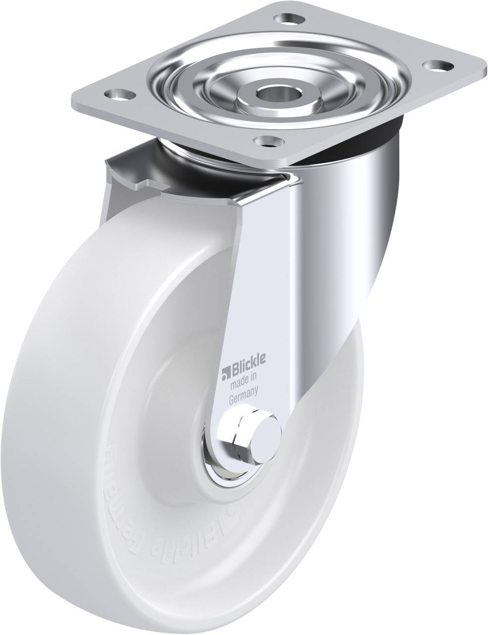 Rullande stålhjul med vitt plasthjul och metallplatta för montering. Idealisk för möbler eller industriella tillämpningar.