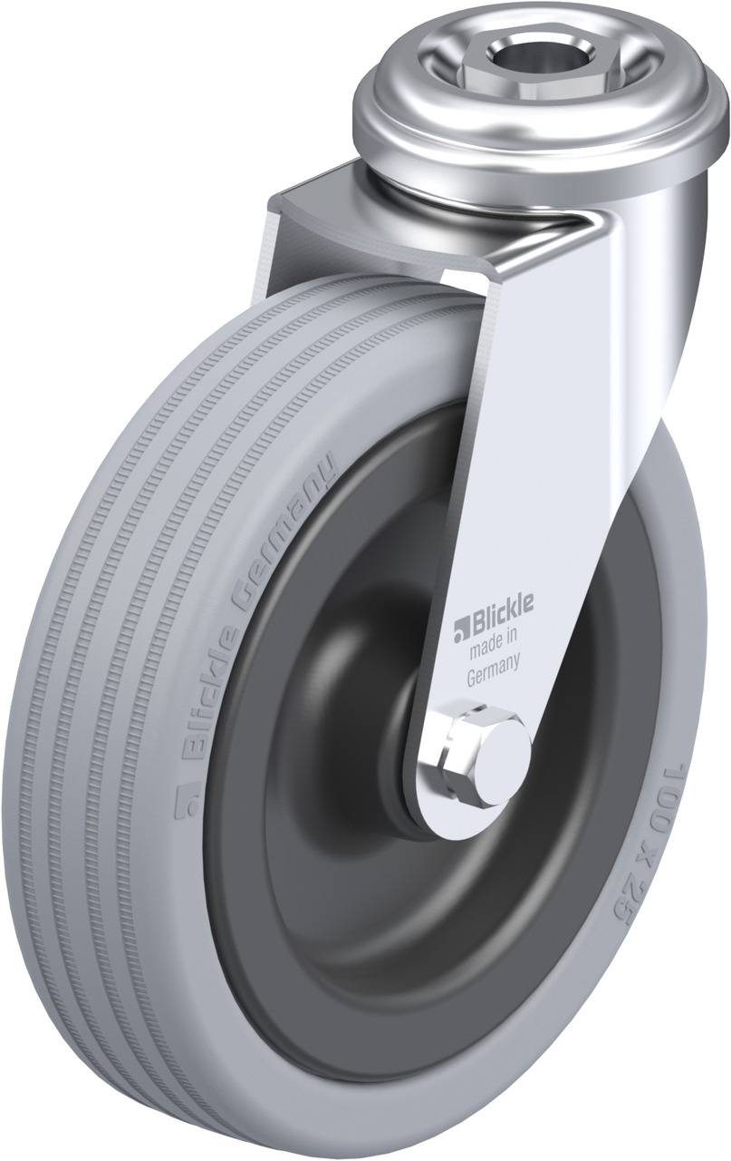 Metalliskt styr- och svänghjul med grå däck, tillverkat av Blickle i Tyskland, lämpligt för transportutrustning.