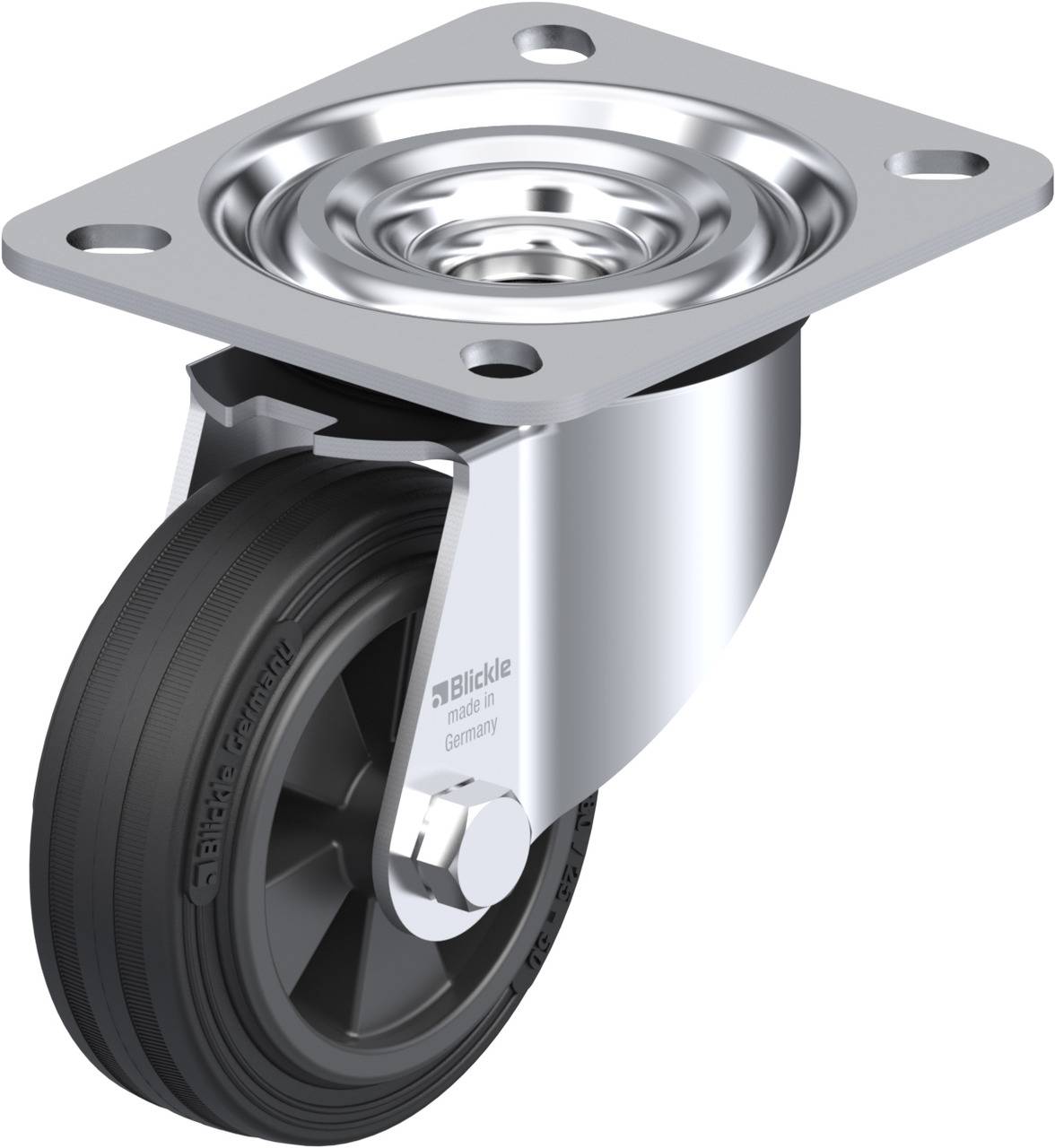 Ett styrbart hjul med en roterbar metallhållare. Hjulet är gjort av svart plast och hållaren av blankt metall.