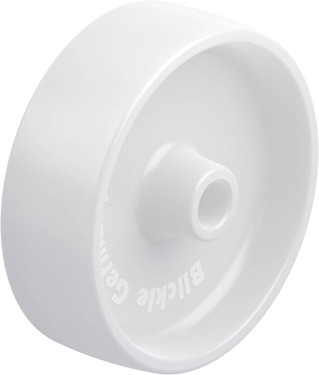 Rund, vit plastdetalj med ett centralt hål. Möjligen en komponent eller en del av en leksak.
