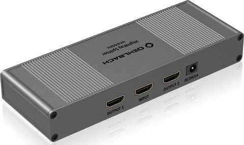 Rektangulär HDMI-splitter i grått hölje med två HDMI-ingångar och en HDMI-utgång, lämplig för videodistribution.