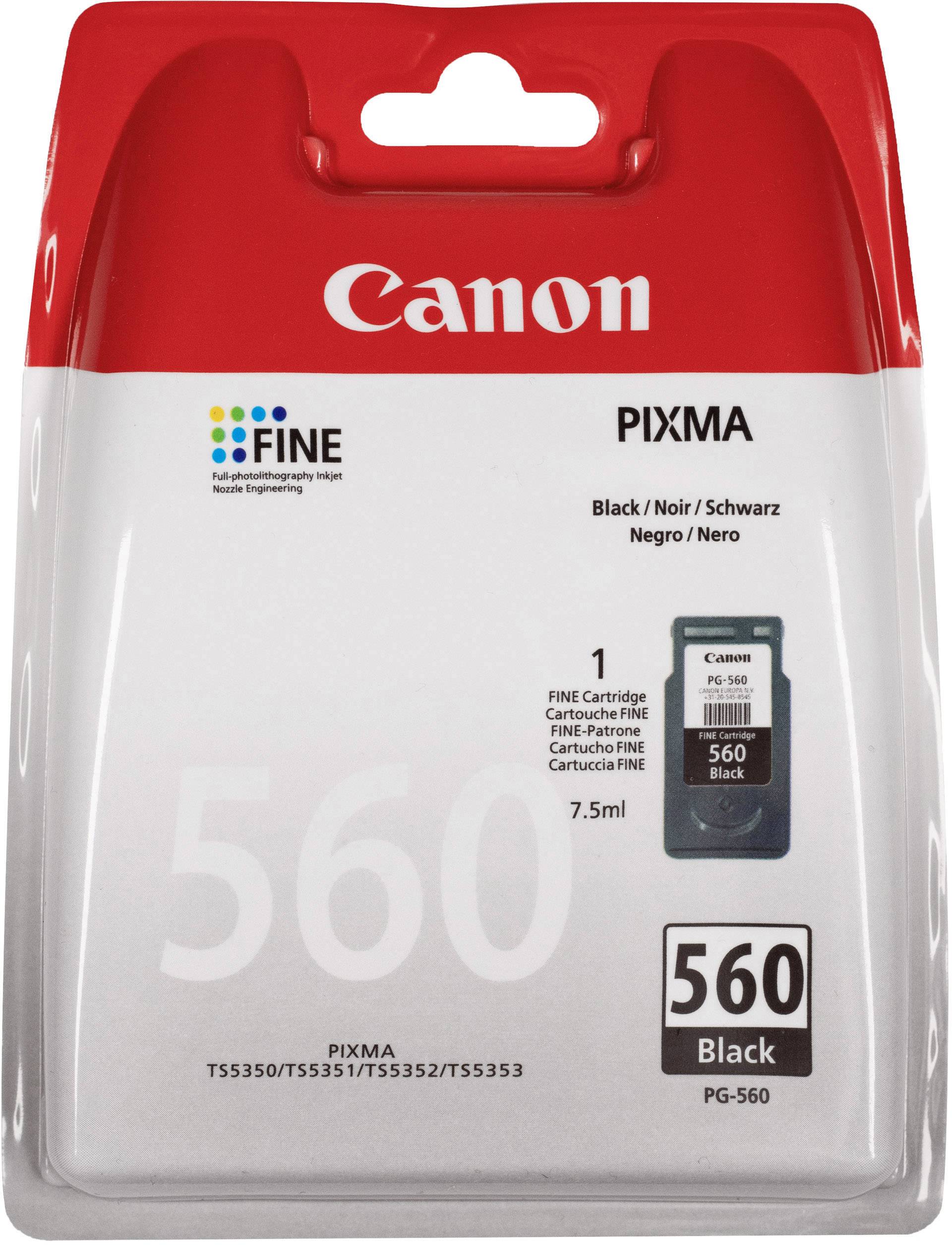 Patron Canon PIXMA 560 i svart, 7,5 ml kapacitet, kompatibel med modellerna TS5350, TS5351, TS5352, TS5353.