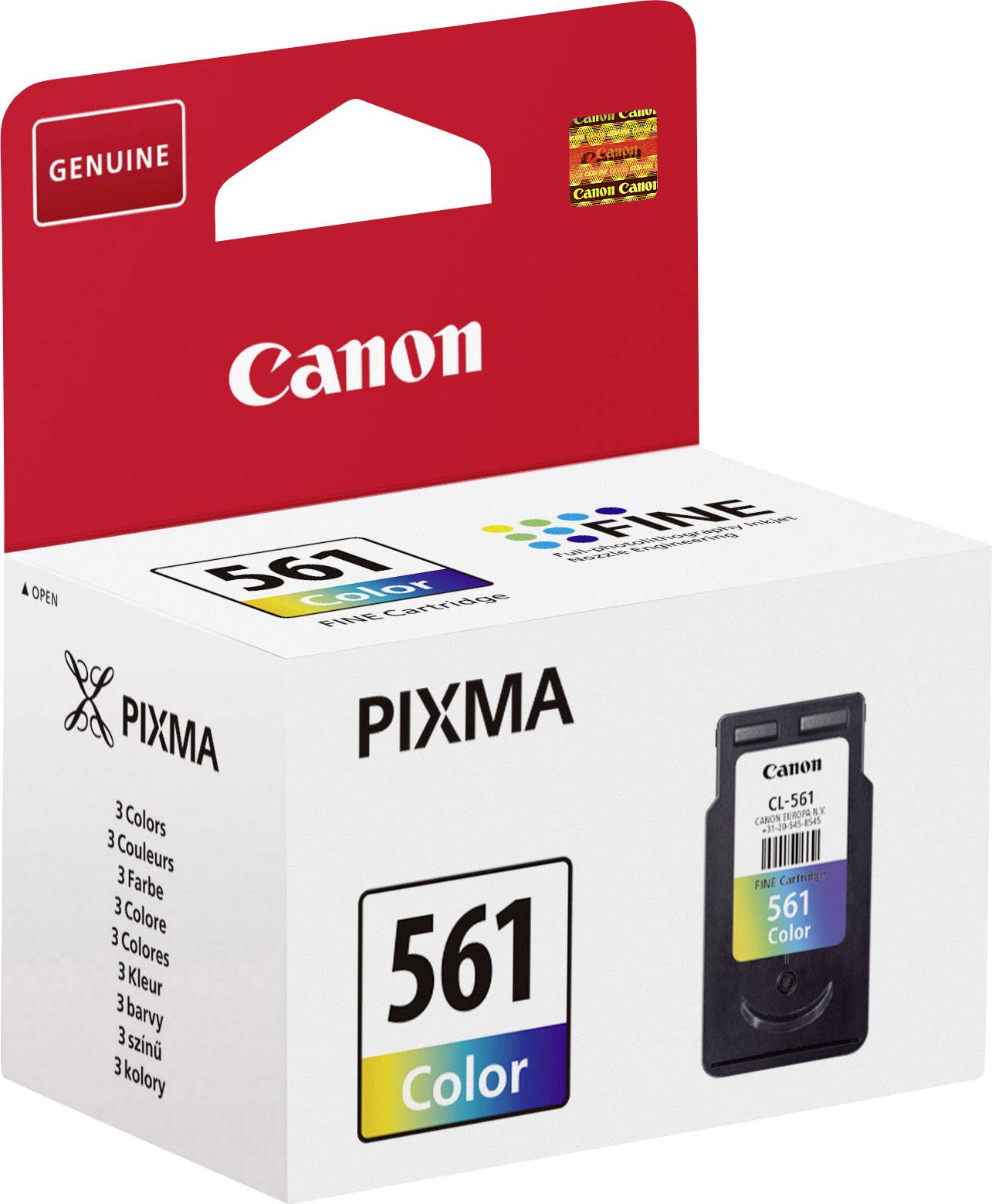 Canon bläckpatron CL-561 Color, 3 färger. Förpackning i rött och vitt. Kompatibel med Canon PIXMA-skrivare.