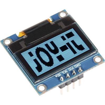 En liten, blå OLED-display med svarta bokstäver visar ordet 'joy-it'. Under den finns pinnar för GND, VCC, SCL och SDA.