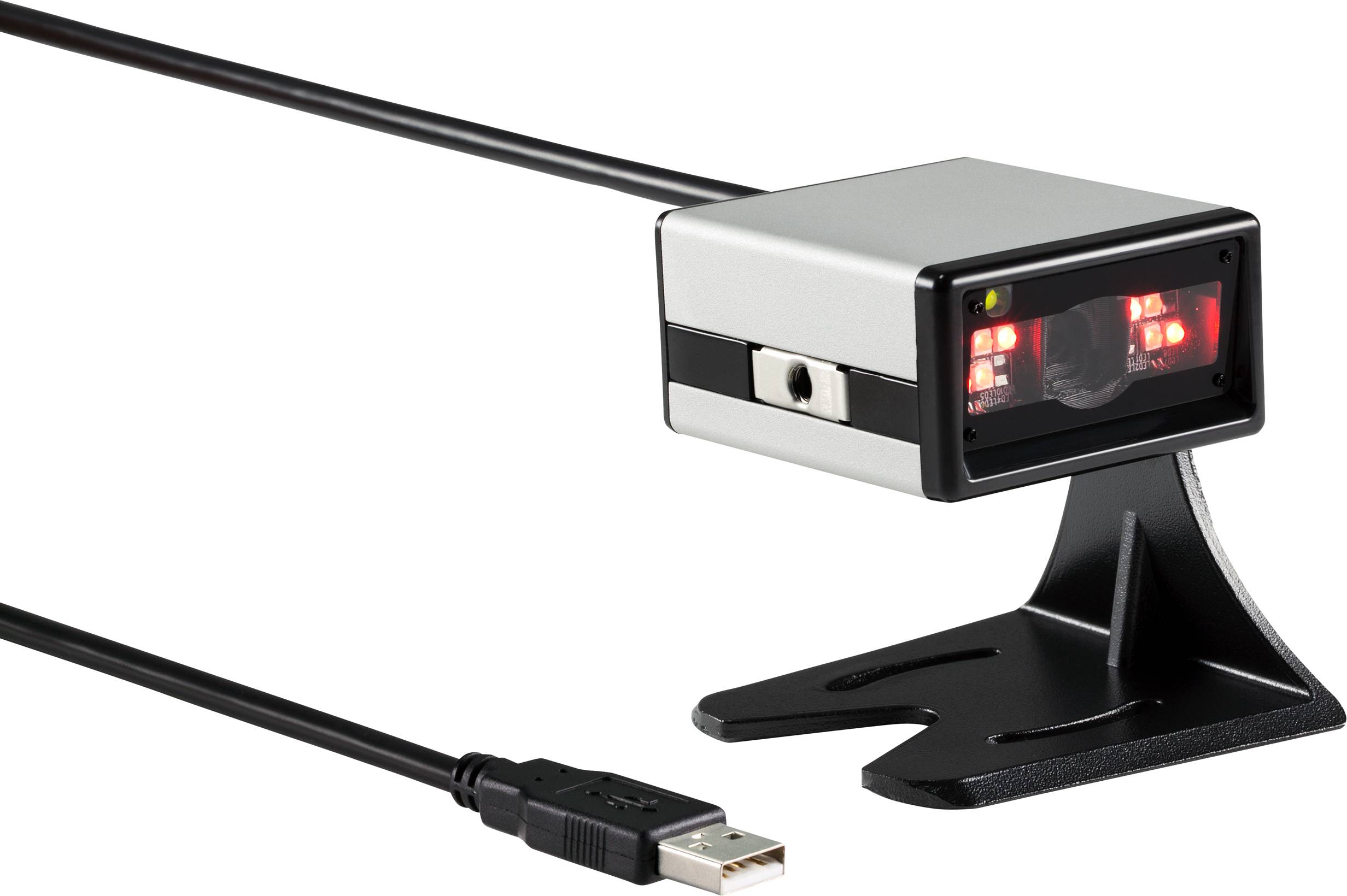 En silverfärgad streckkodsskanner med USB-anslutning på ett svart stativ. Scannern har två röda lysande lampor.