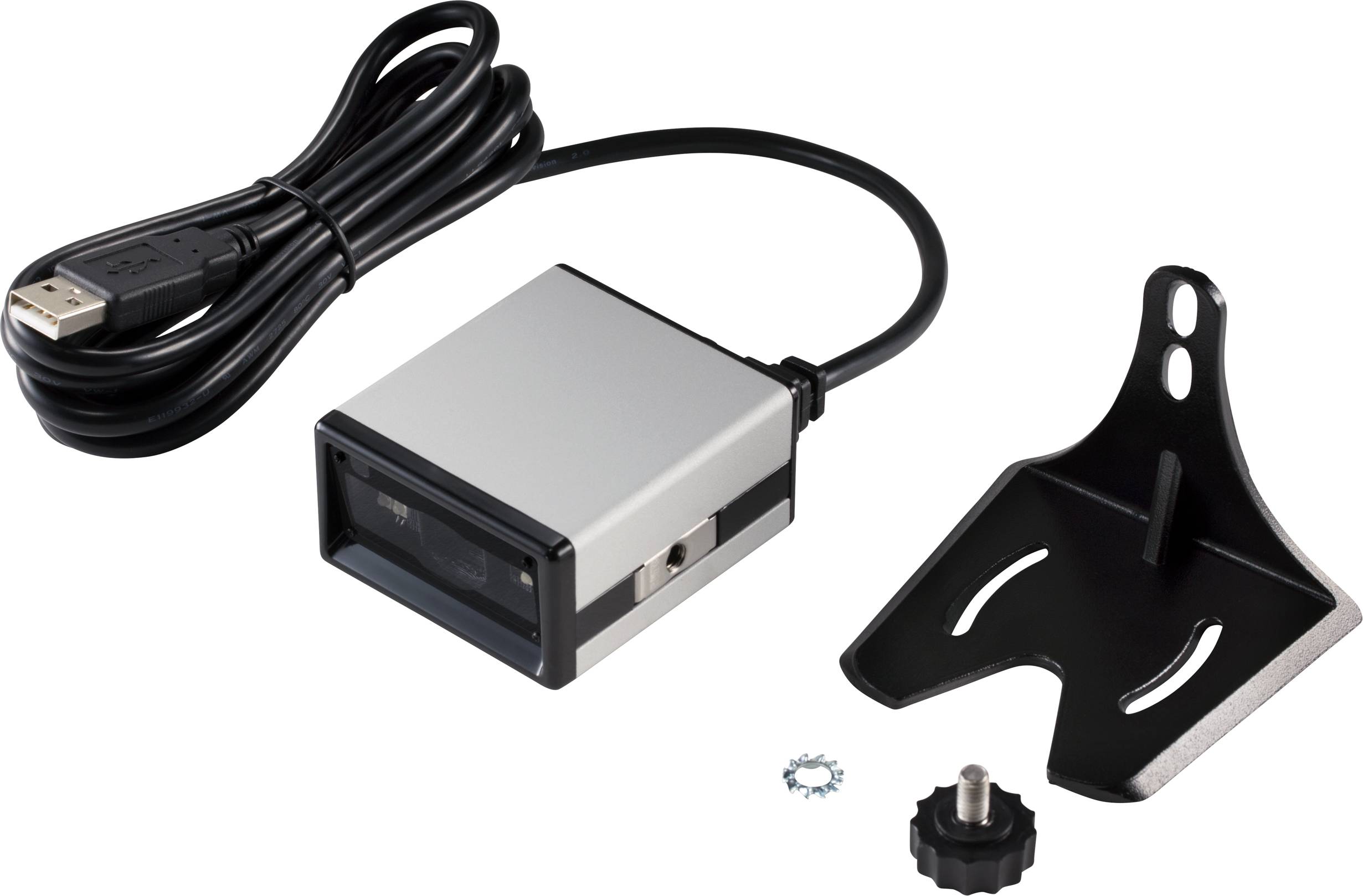Silverfärgad USB-skanner med svart kabel, avtagbar hållare och fästskruv, lämplig för identifiering av streckkoder.