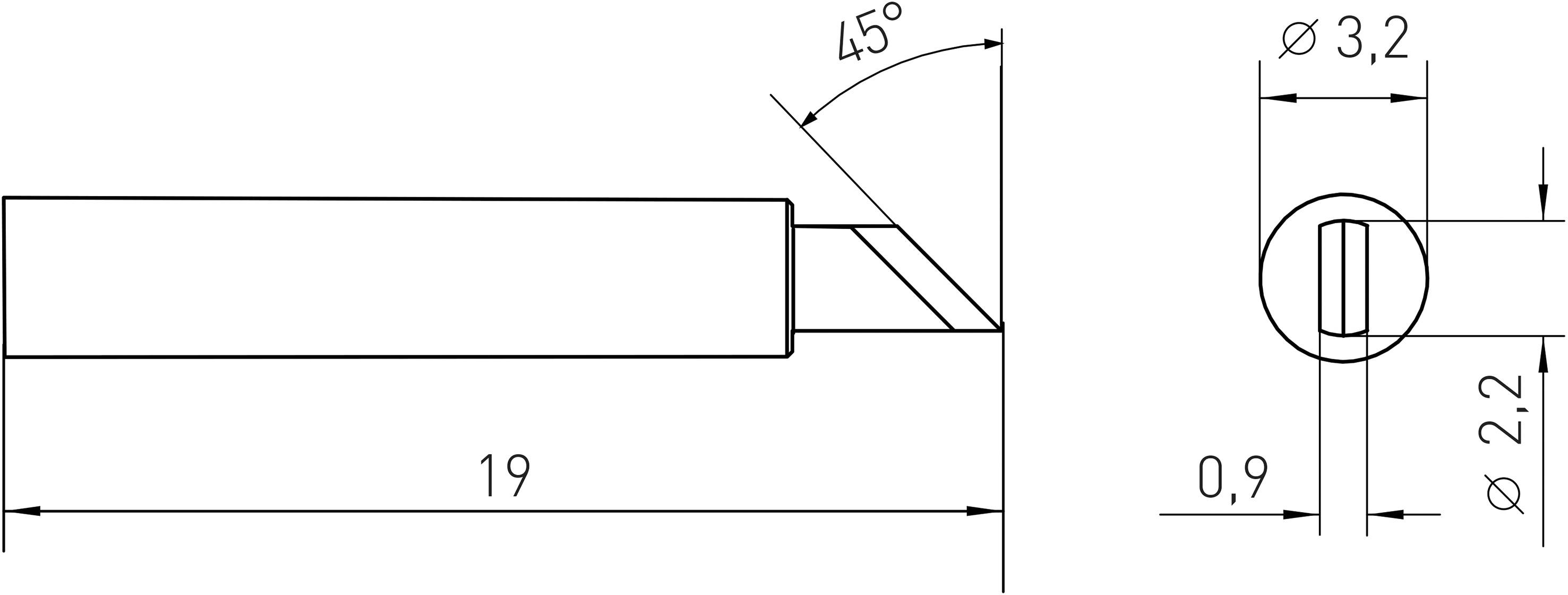 Teknisk ritning av en cylindrisk pin med en 45 graders fasad spets. Mått: Längd 19, Diameter: 3,2.