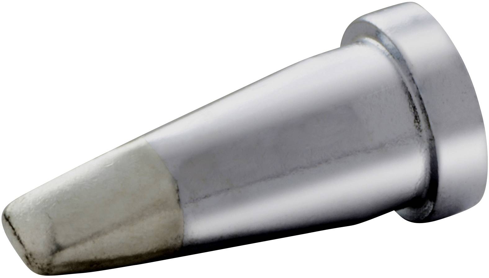 Silverfärgad, konisk metallspets med bred, plan ände och smal skaft. Den reflekterar ljus på sin yta.