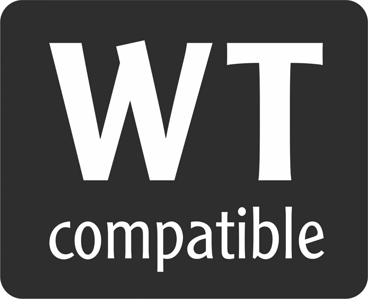 "WT-kompatibel" är skrivet i vita bokstäver på svart bakgrund.