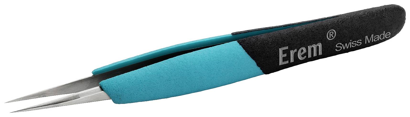 Pincett med lång, spetsig ände och ergonomiskt handtag; tryckt med 'Erem Swiss Made'.