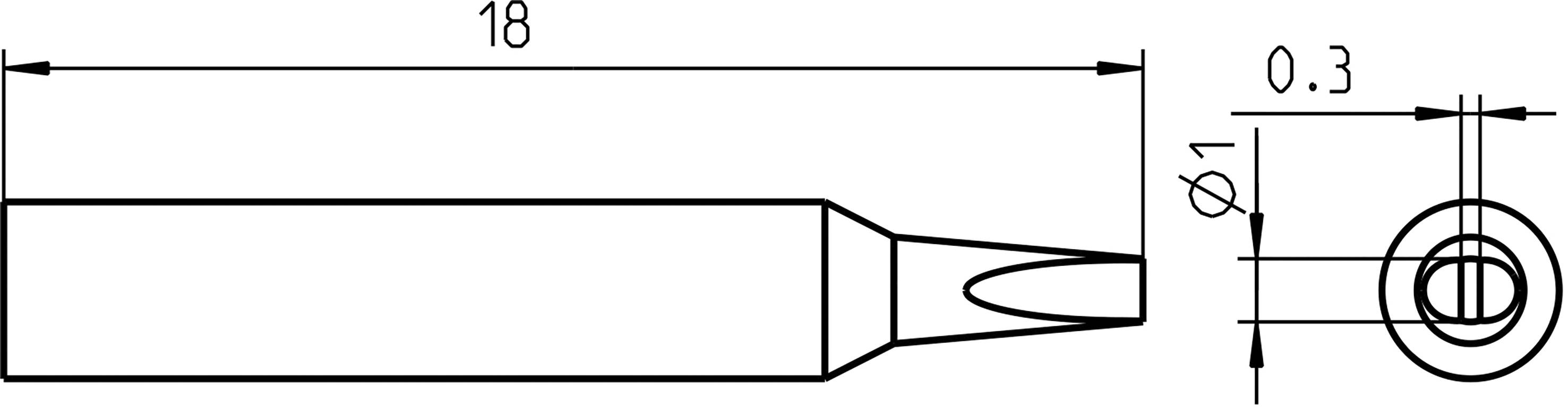 Teknisk ritning av ett cylindriskt föremål med spetsig ände. Mått: 18 längd, 0,3 diameter. Visar sido- och frontvy.