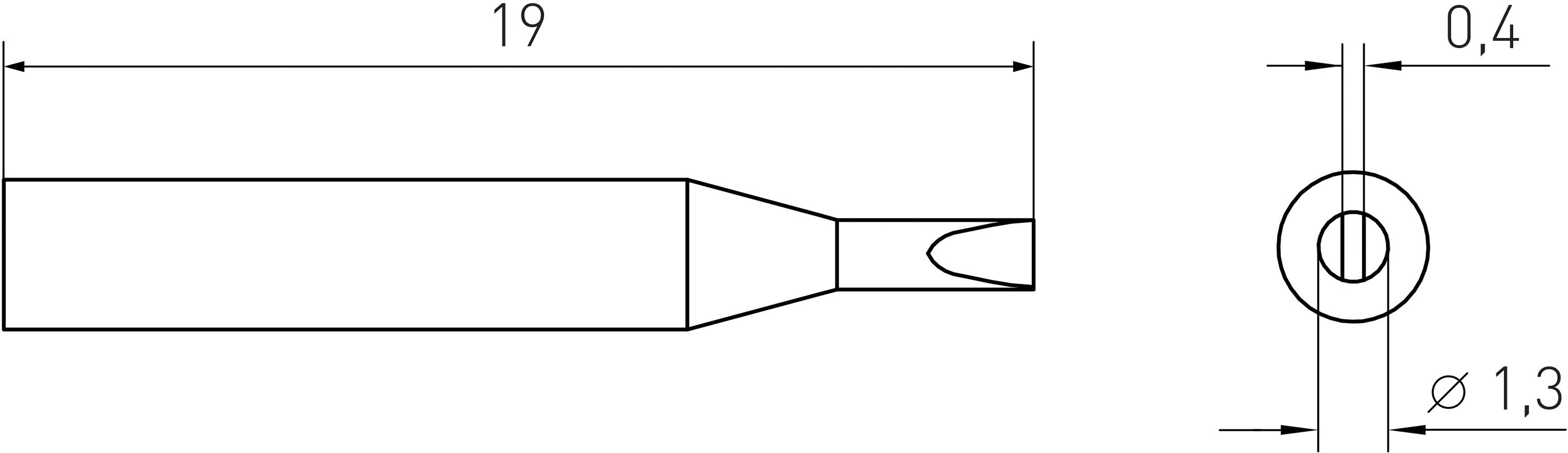 Teknisk teckning av ett lödspets, längd 19 mm, diameter 1,3 mm, spets 0,4 mm bred.