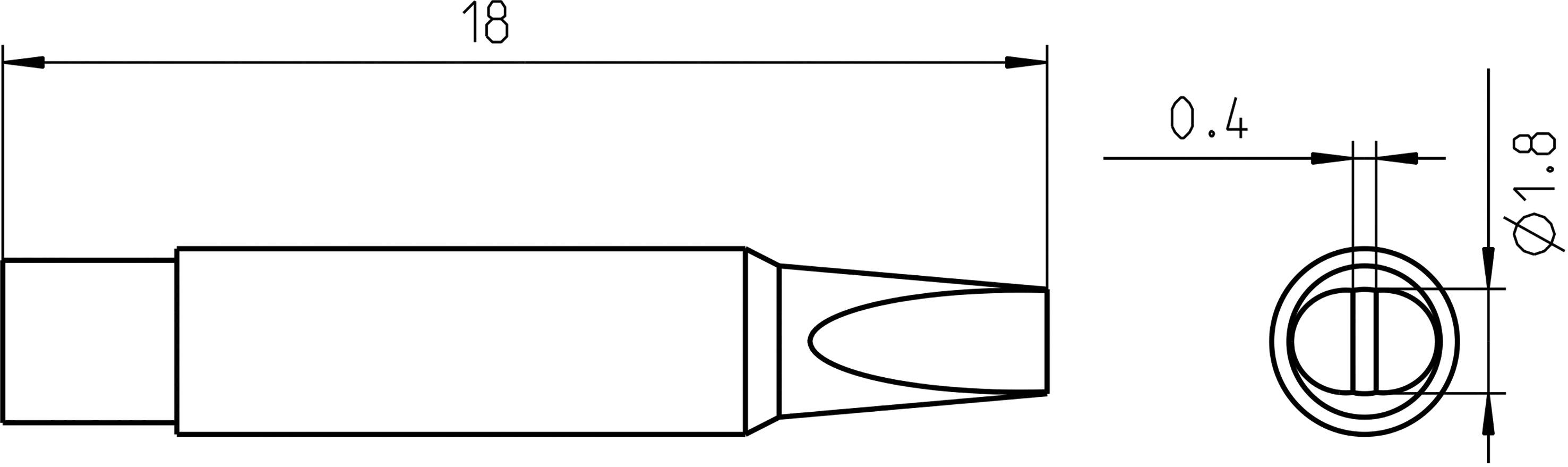 Teknisk ritning av ett cylindriskt objekt med en spets. Dimensioner: Längd 18, diameter 1,8, godstjocklek 0,4.