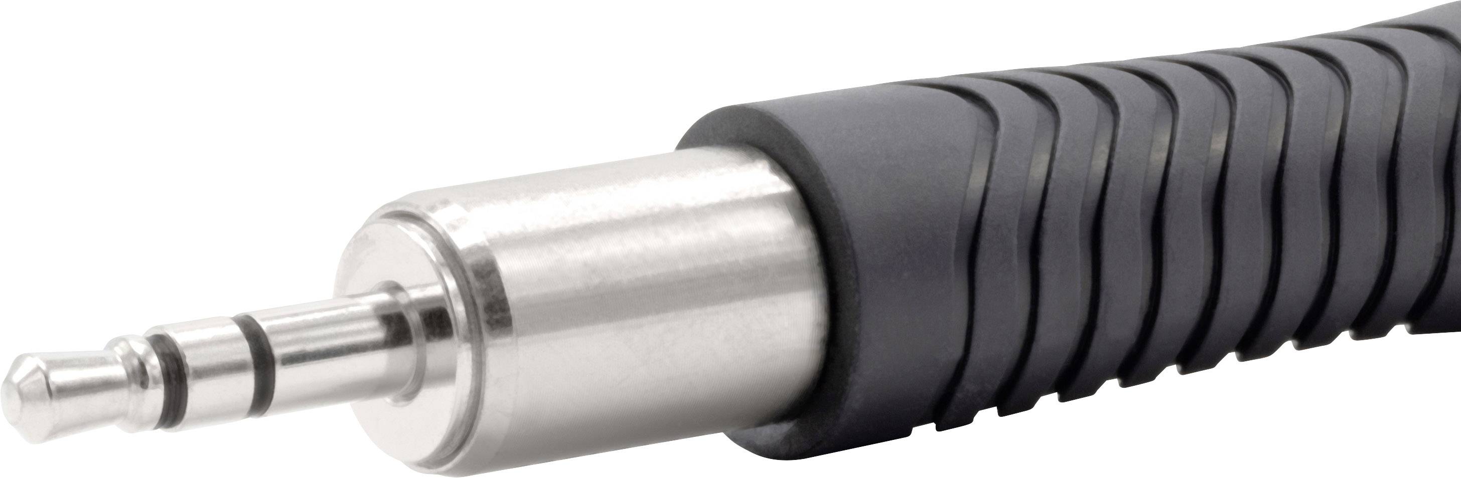 En svart kabel med en silverfärgad 3,5 mm-kontakt, använd för anslutning av audioenheter.