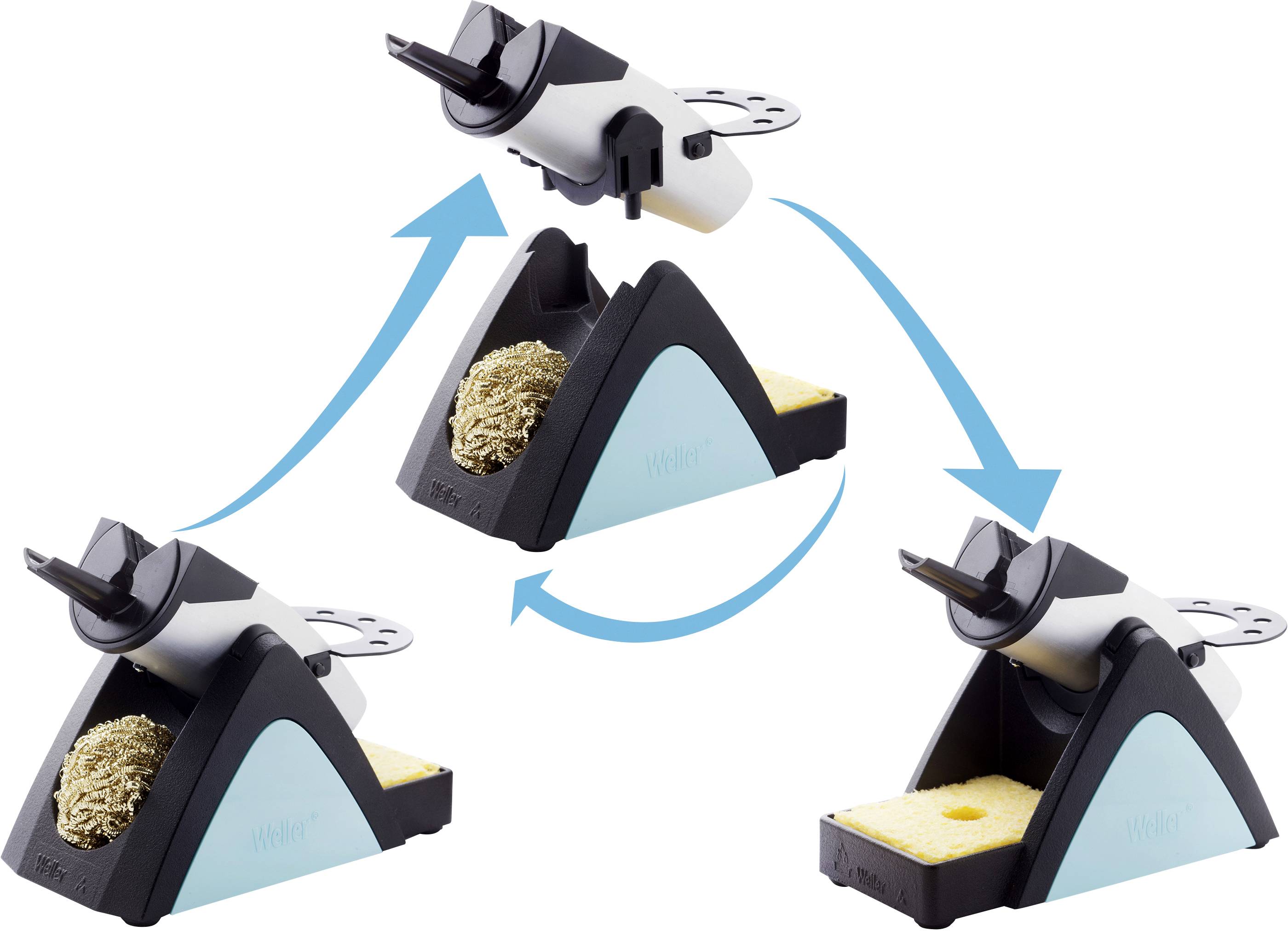 Lödkolvshållare med olika tillsatser för rengöring. Pilar visar stegen: Rengör järnet med mässingsull eller svamp.