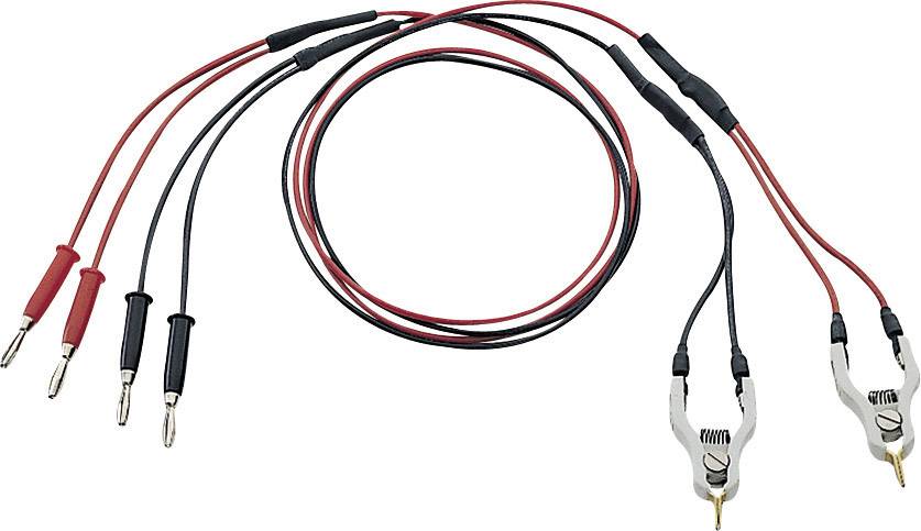 Testledningar med bananplugg och krokodilklämmor i rött och svart, lämpliga för elektroniska mätinstrument.