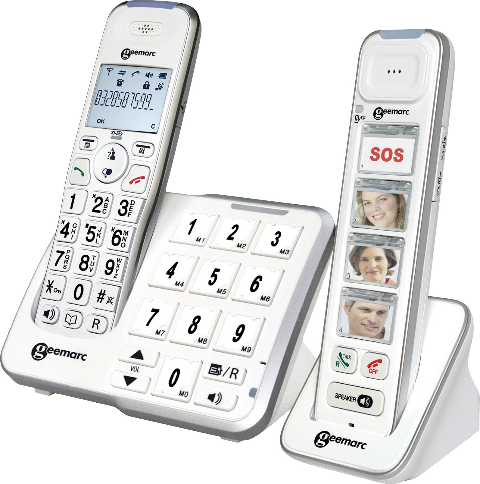 Sladdlös telefon med stora knappar, SOS-knapp och fotouppringningsknappar för enkel hantering, placerad på laddningsstation.