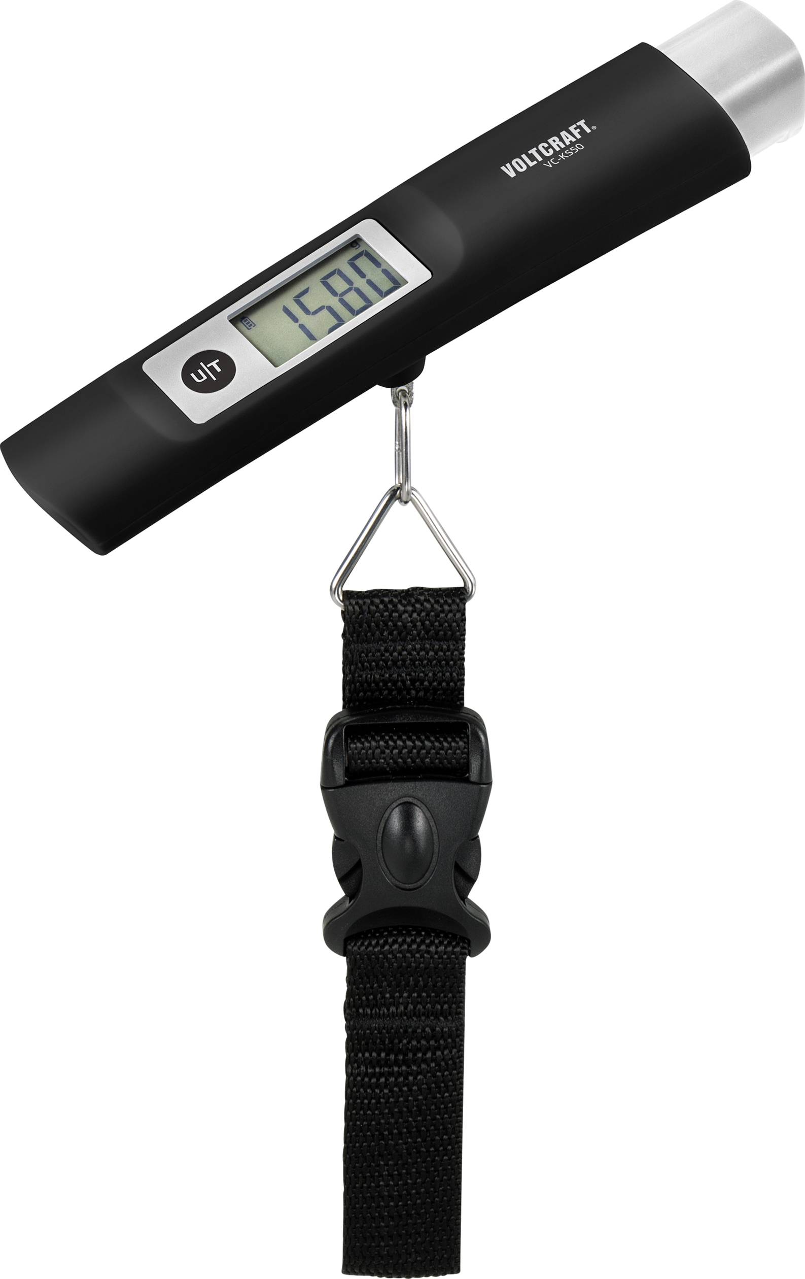 En digital handhållen våg visar en vikt på 15,68 kg på en display. Den är utrustad med en upphängningsrem med spänne.