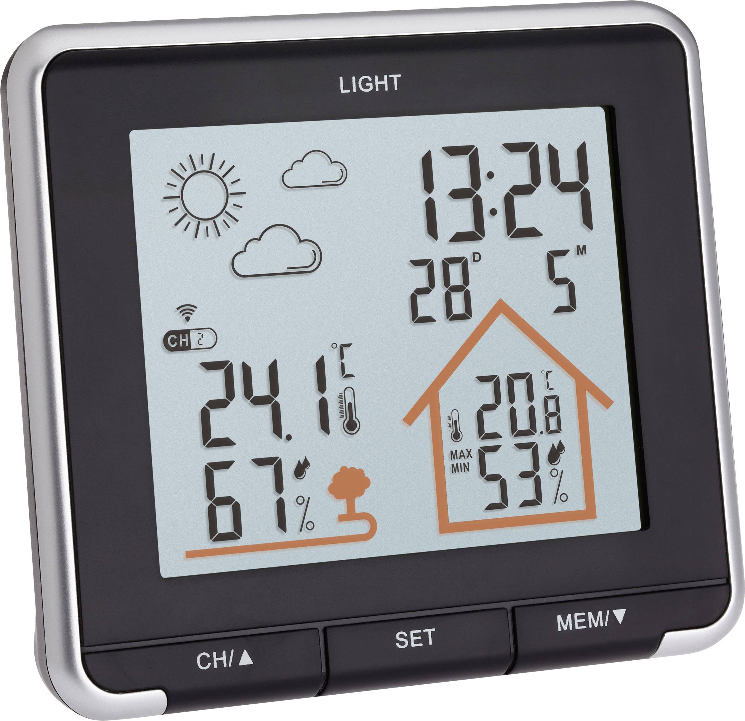 Digitalt termometer visar inomhustemperatur på 20,8°C och utomhustemperatur på 24,1°C. Luftfuktighet inomhus 53%, utomhus 67%. Tid 13:24.