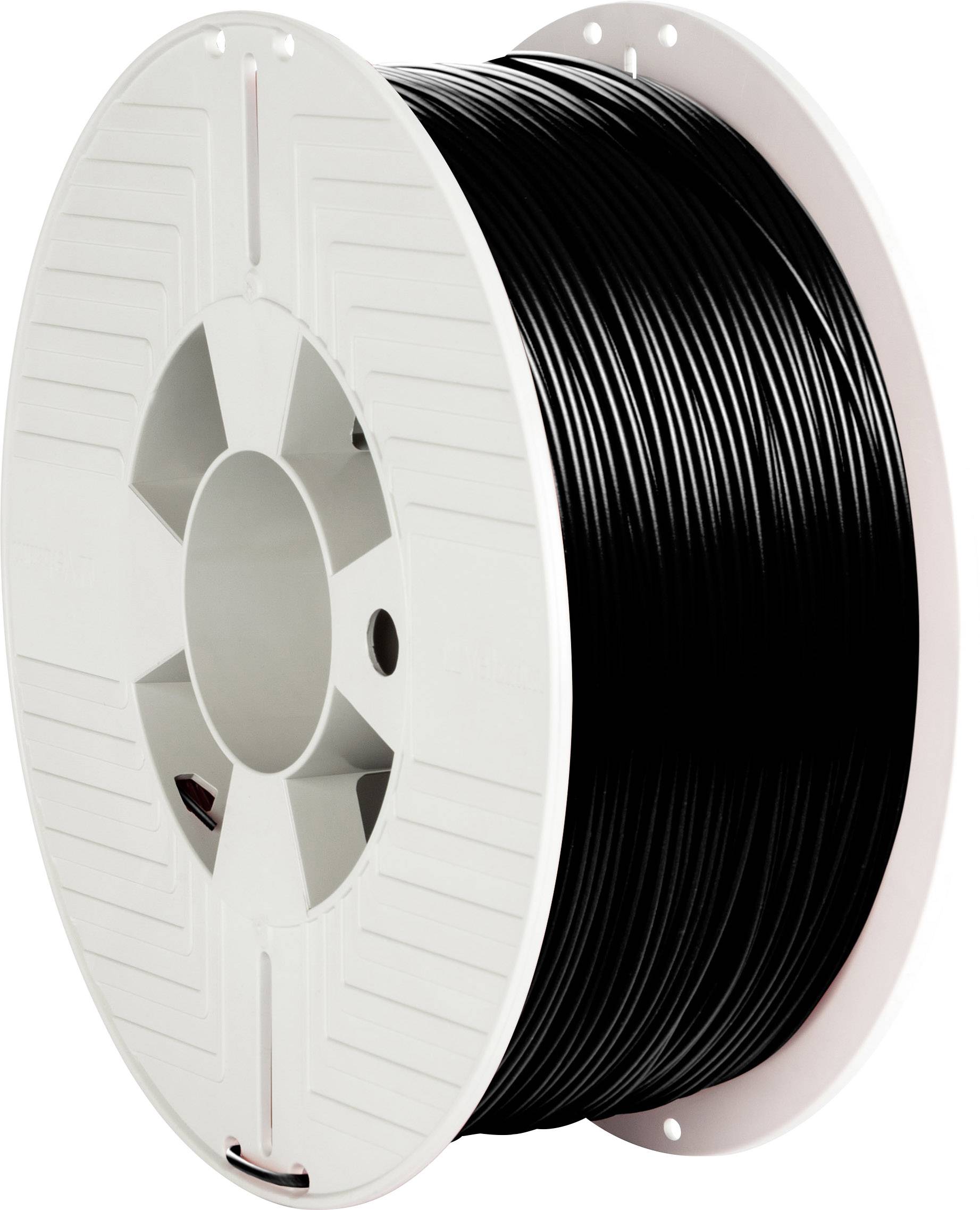 En stor, vit plastspole med svart filament lindad runt. Lämplig för 3D-utskrift.