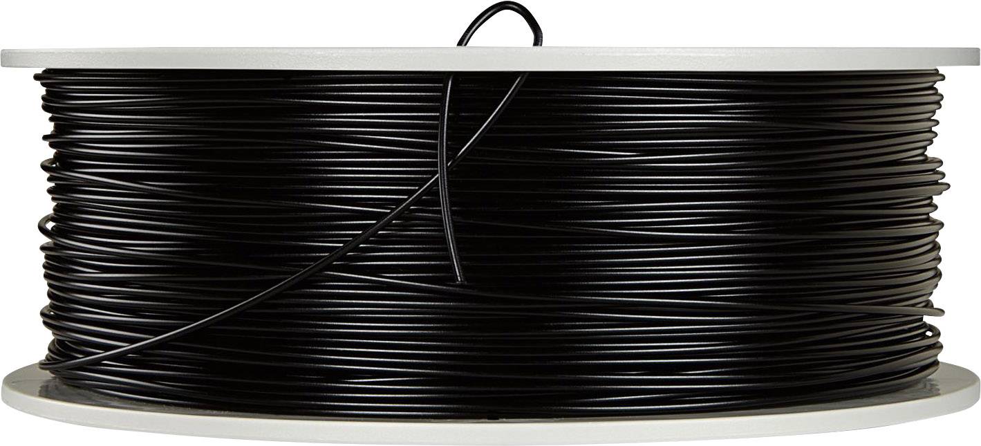 Svart spole med filament för 3D-skrivare, upprullad på en liten tallrik.