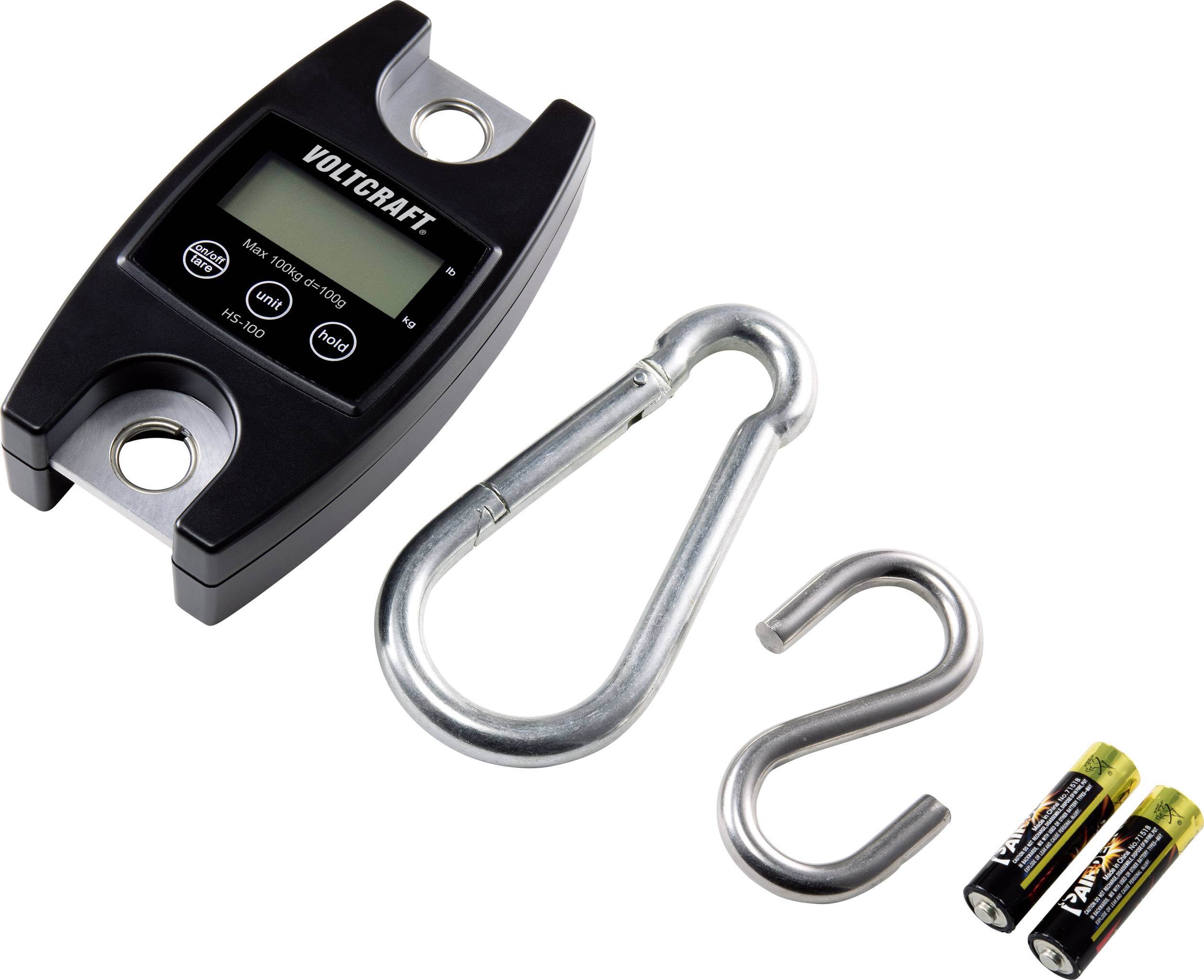 Elektronisk kran-/hängvåg från VOLTCRAFT med två batterier, en krok och en karbinhake. Displayen visar vikten.