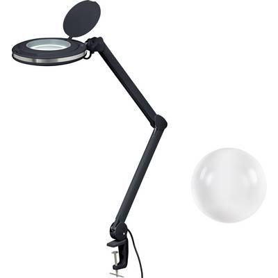 Svart skrivbordslampa med ledarm och rund förstoringslins, bredvid en enda klar kula framför vit bakgrund.