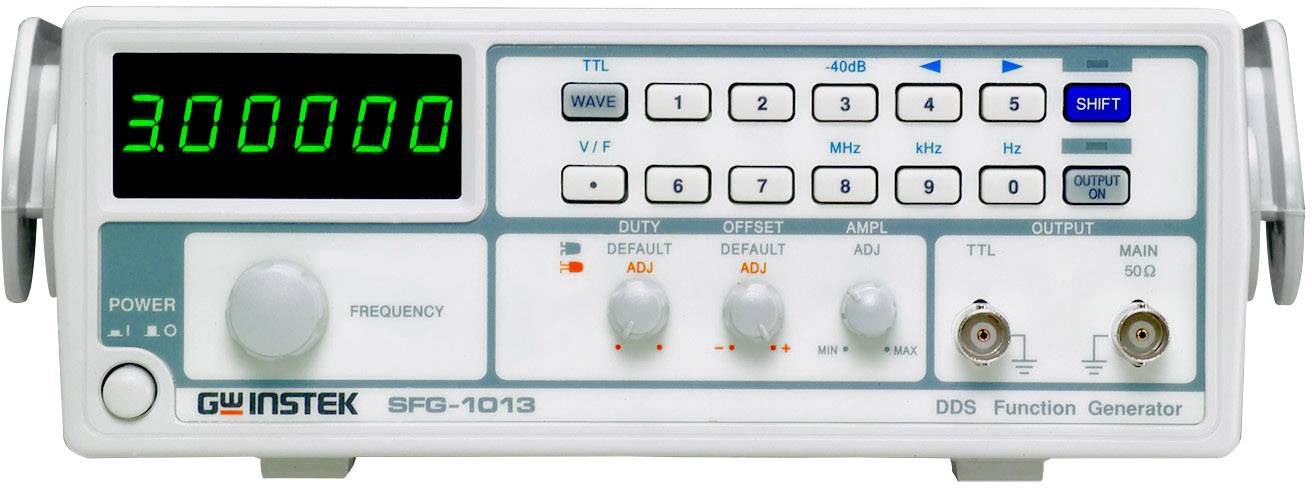 Frekvrensgenerator med digital display, flera knappar och rattar för inställning av vågform och frekvens. Varumärkesnamn längst ner till vänster.