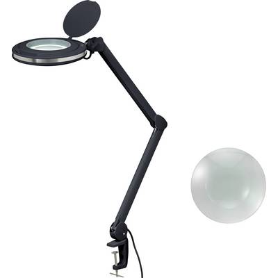 En svart skrivbordslampa med justerbar arm och förstoringsglas, bredvid en lös lins. Perfekt för detaljerade arbeten.