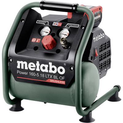Metabo kompressor med två manometrar, svart front, röd ventilknopp och bärhandtag. Modell 'Power 160-5 18 LTX BL OF'.