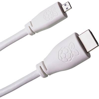 Vit kabel med HDMI- och Micro-USB-kontakter, Raspberry-logotyp på kontakterna.