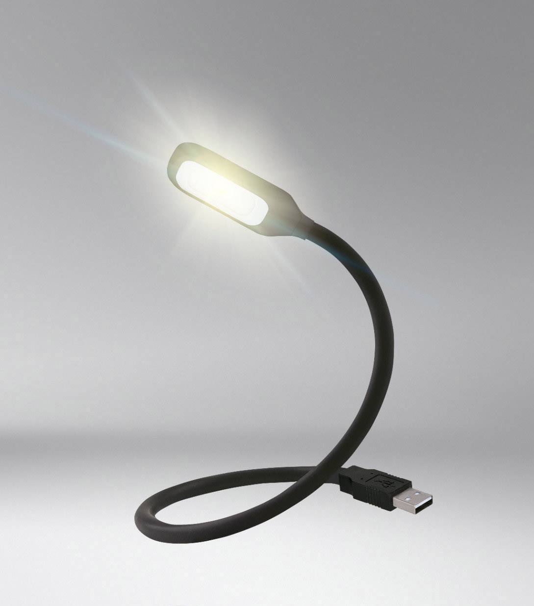 En flexibel USB-lampa lyser med vitt ljus. Den har en böjbar hals och en USB-anslutning i änden.